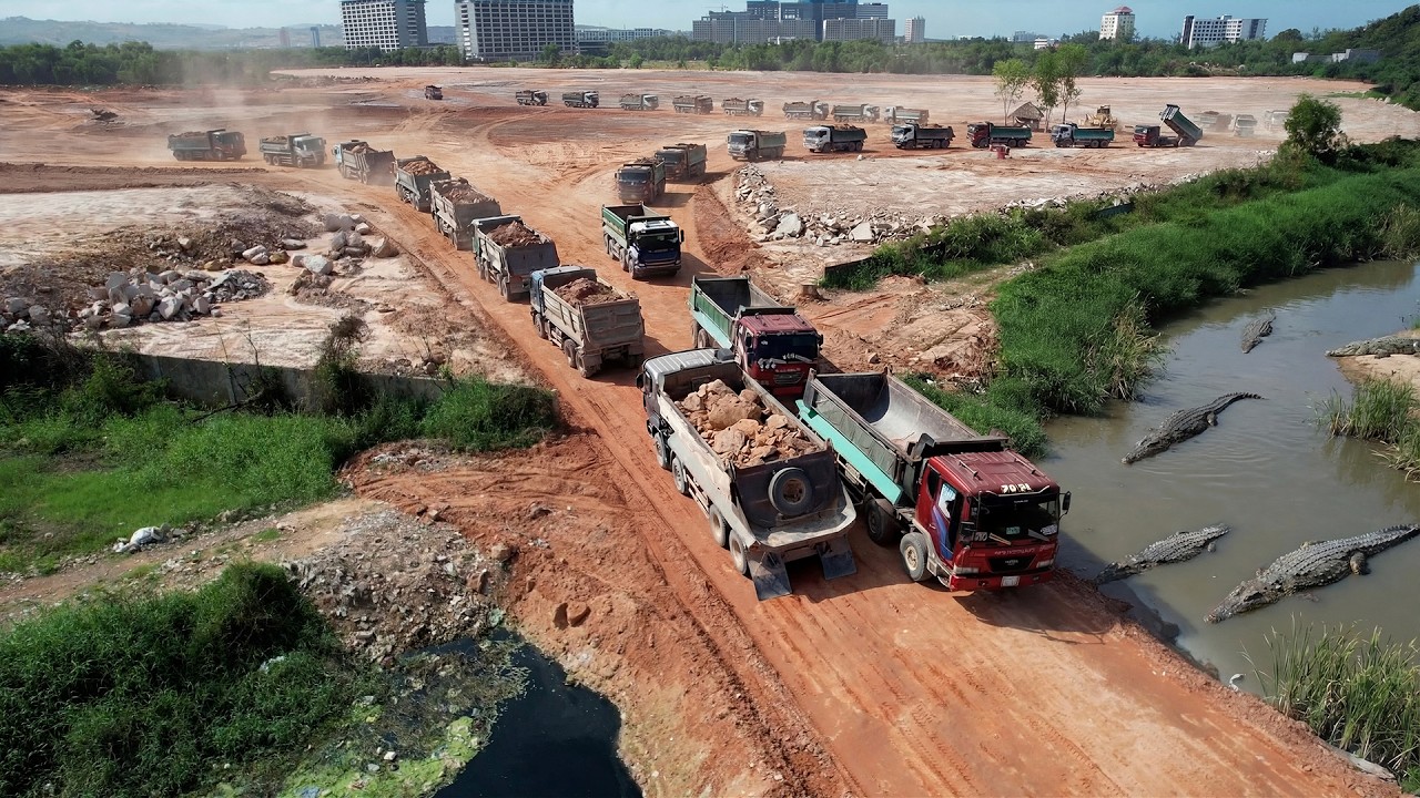 Amazing Powerful Machines Working Bulldozer Pushing Big Stone & Soil Fill Up Land Vs Dump Truck