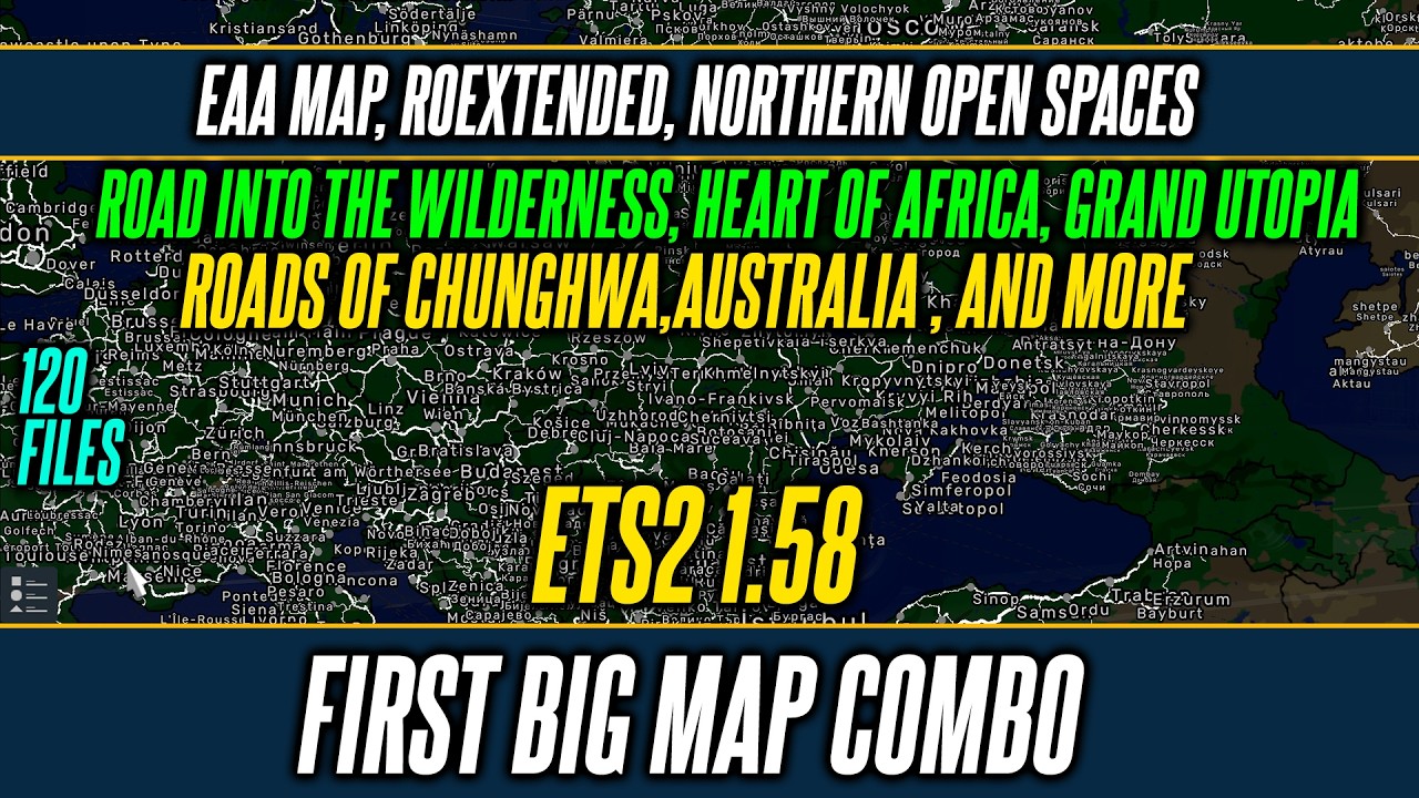ETS2 1.58 Первая большая комбинация карт: EAA Map, Roextended, Road into the wilderness, Vanemap,...