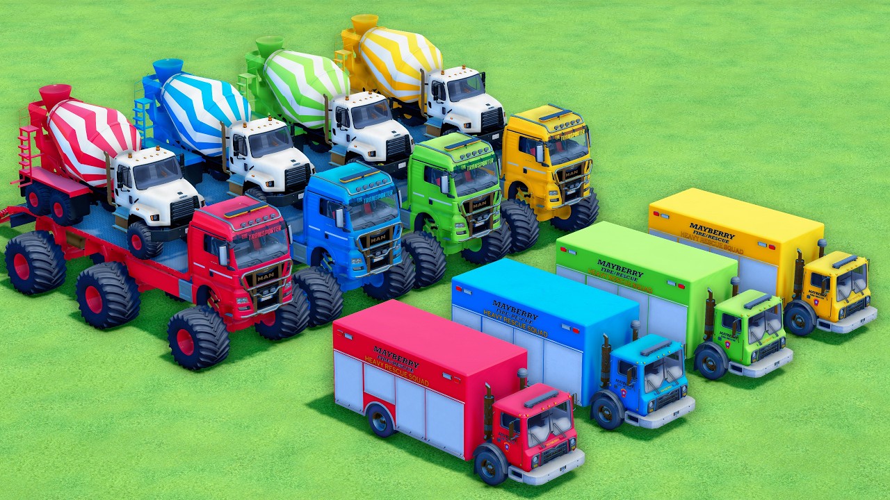 ALL COLOR MIXER TRUCK TRANSPORTING WITH DOUBLE FLATBED TRAILER TRUCKS! FIRE ENGINE, MAN, MACK - FS22