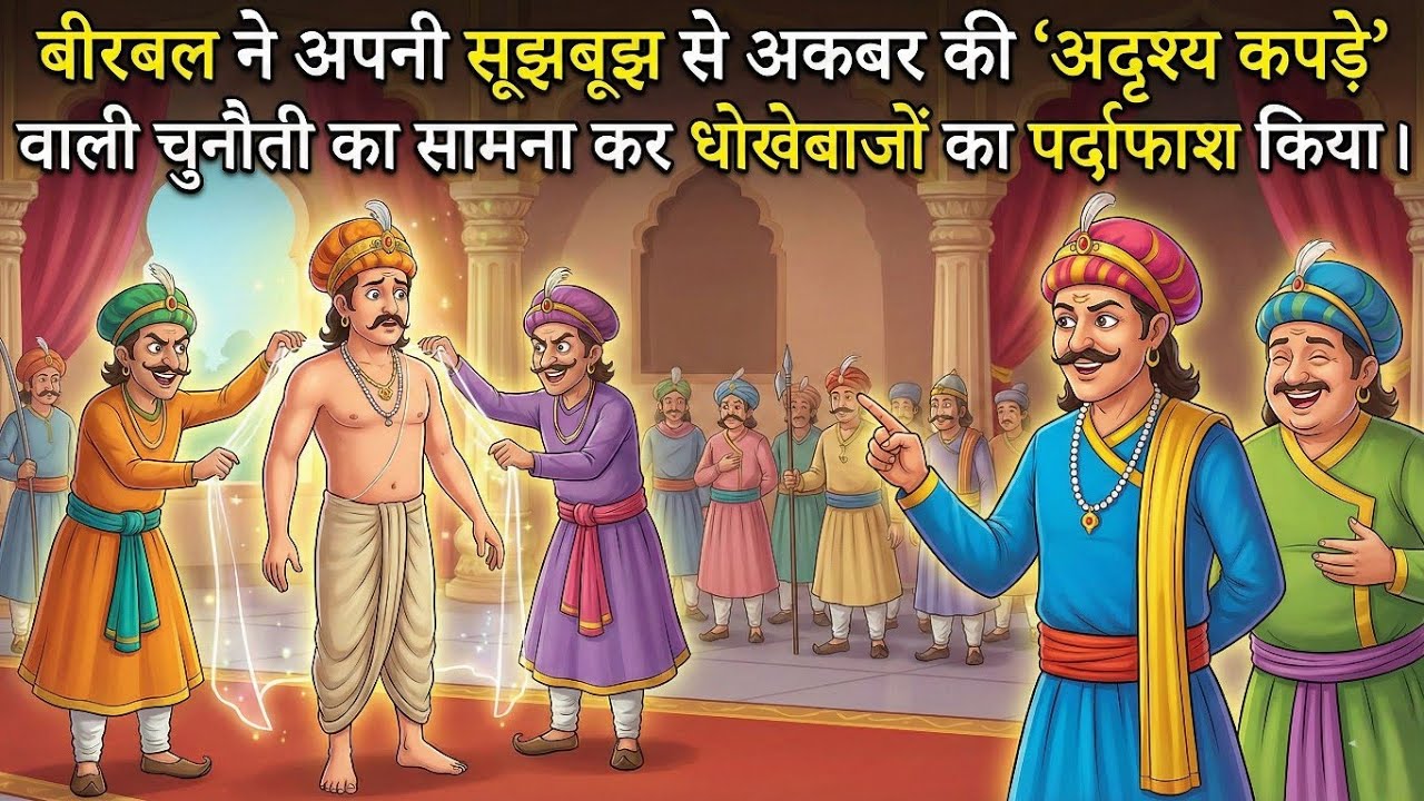 बीरबल ने अपनी सूझबूझ से अकबर की 'अदृश्य कपड़े' वाली चुनौती का सामना कर धोखेबाजों का पर्दाफाश किया।