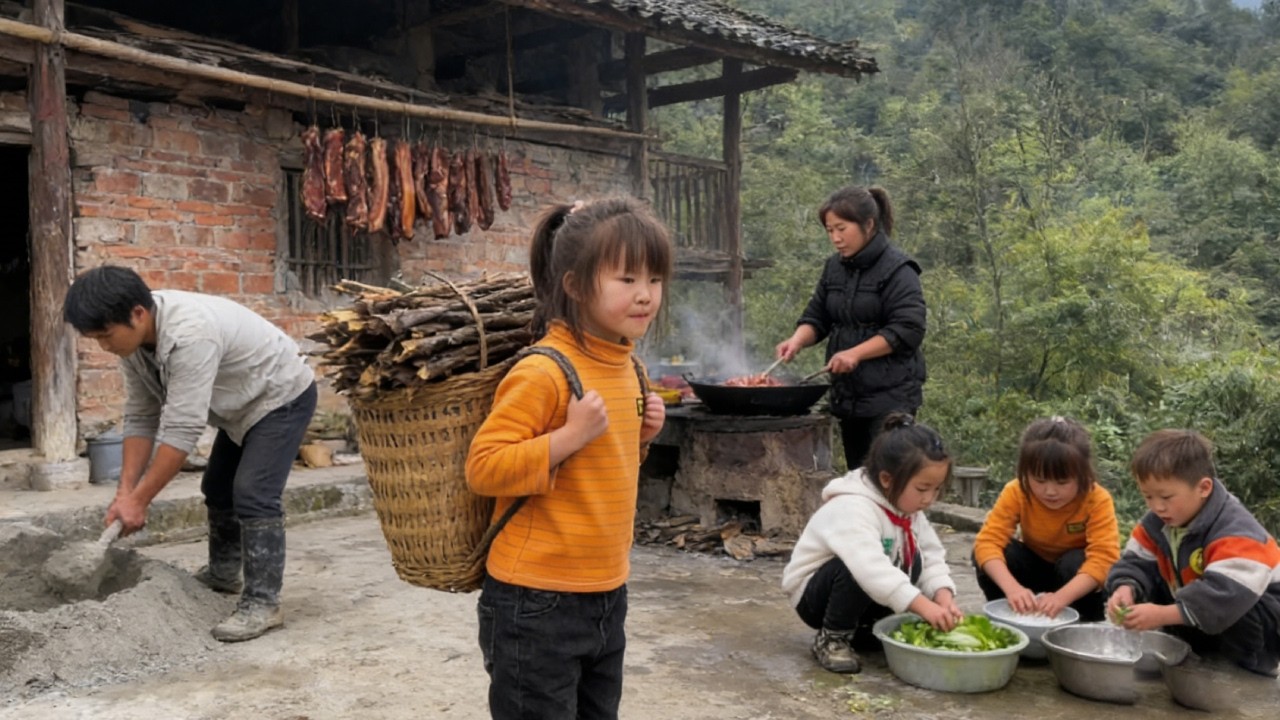 【一家六口隐居深山】年幼的孩子心疼父母干活劳累，主动扛着柴火帮母亲烧火，尽显懂事与孝心！