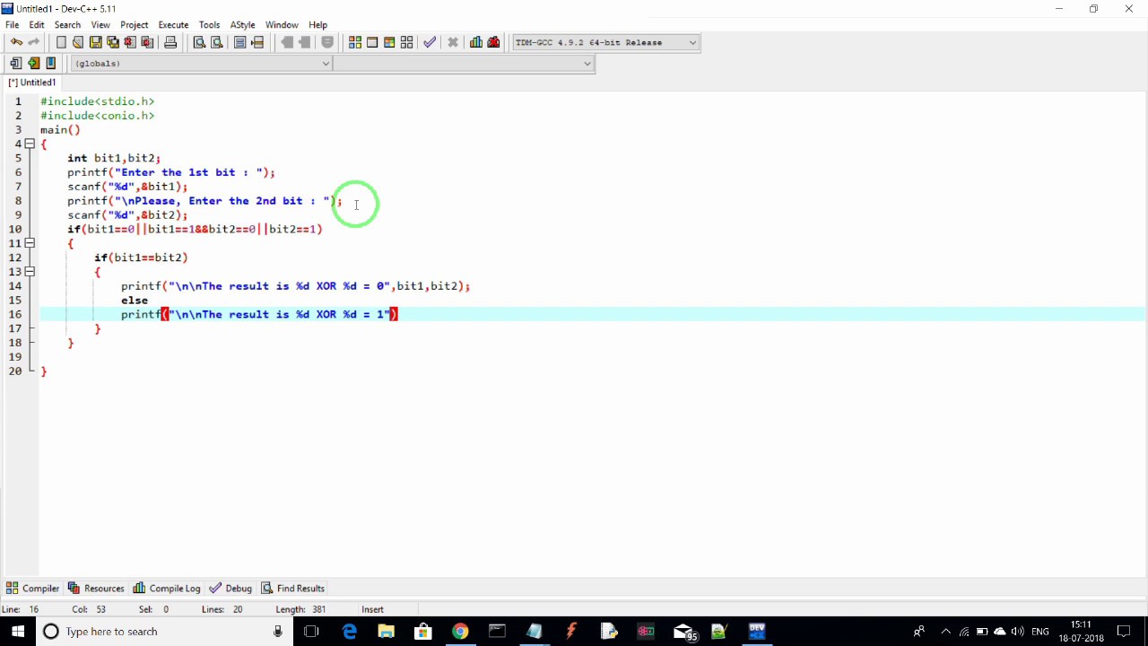 C-Program of XOR calculation(2 single bit inputs)