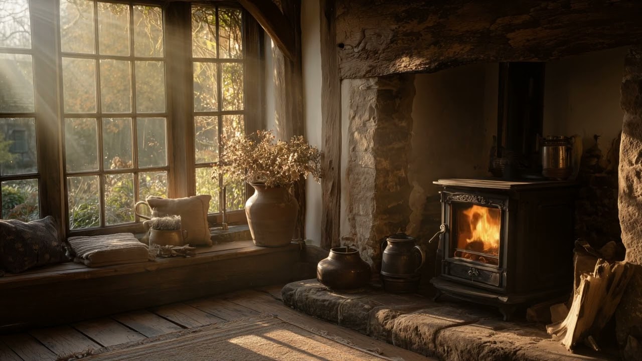 Bright Winter Sunshine & Wood Burning Stove | Peaceful Fireplace Ambiance | Log Fire Sounds
