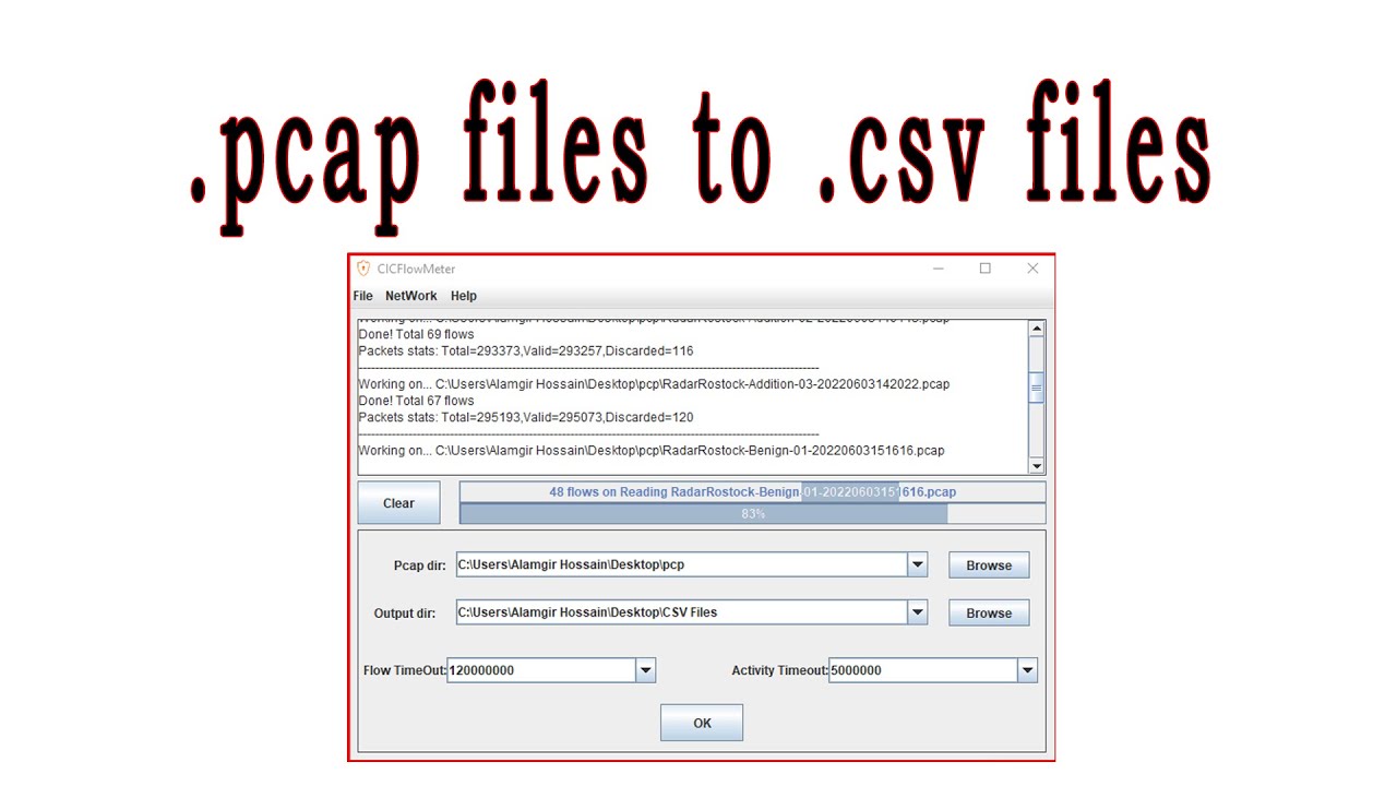 Converting .pcap files to .csv files using CICFlowMeter