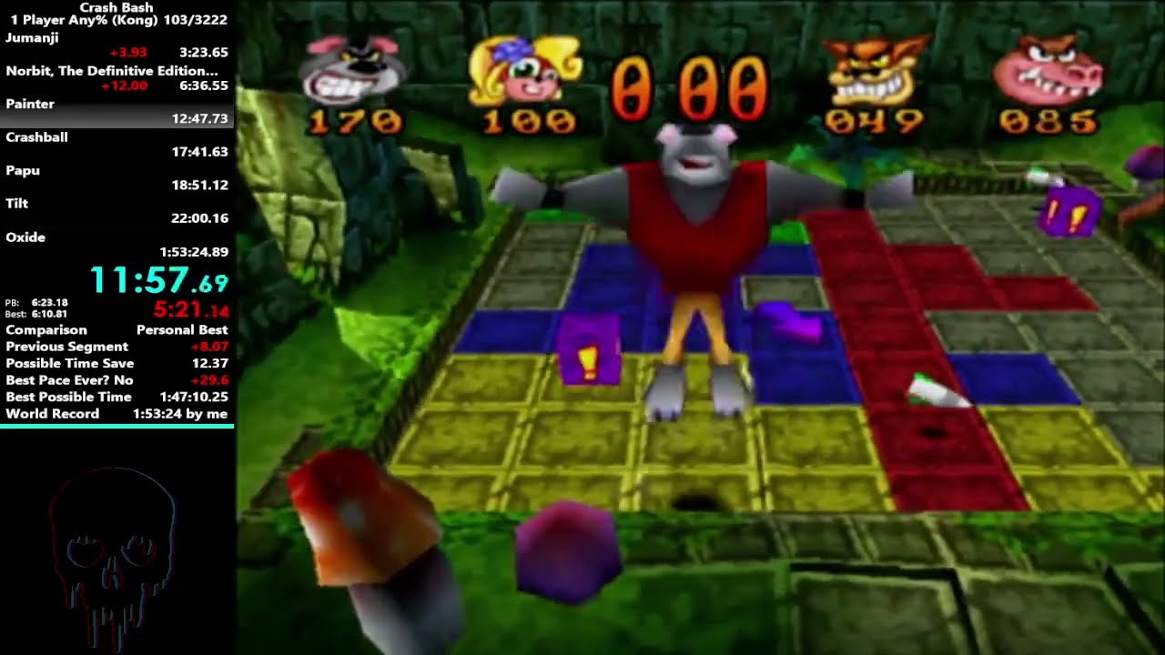 Crash Bash Any% WR in 1:51:53 and 200% PB in 6:57:12 with Kong!