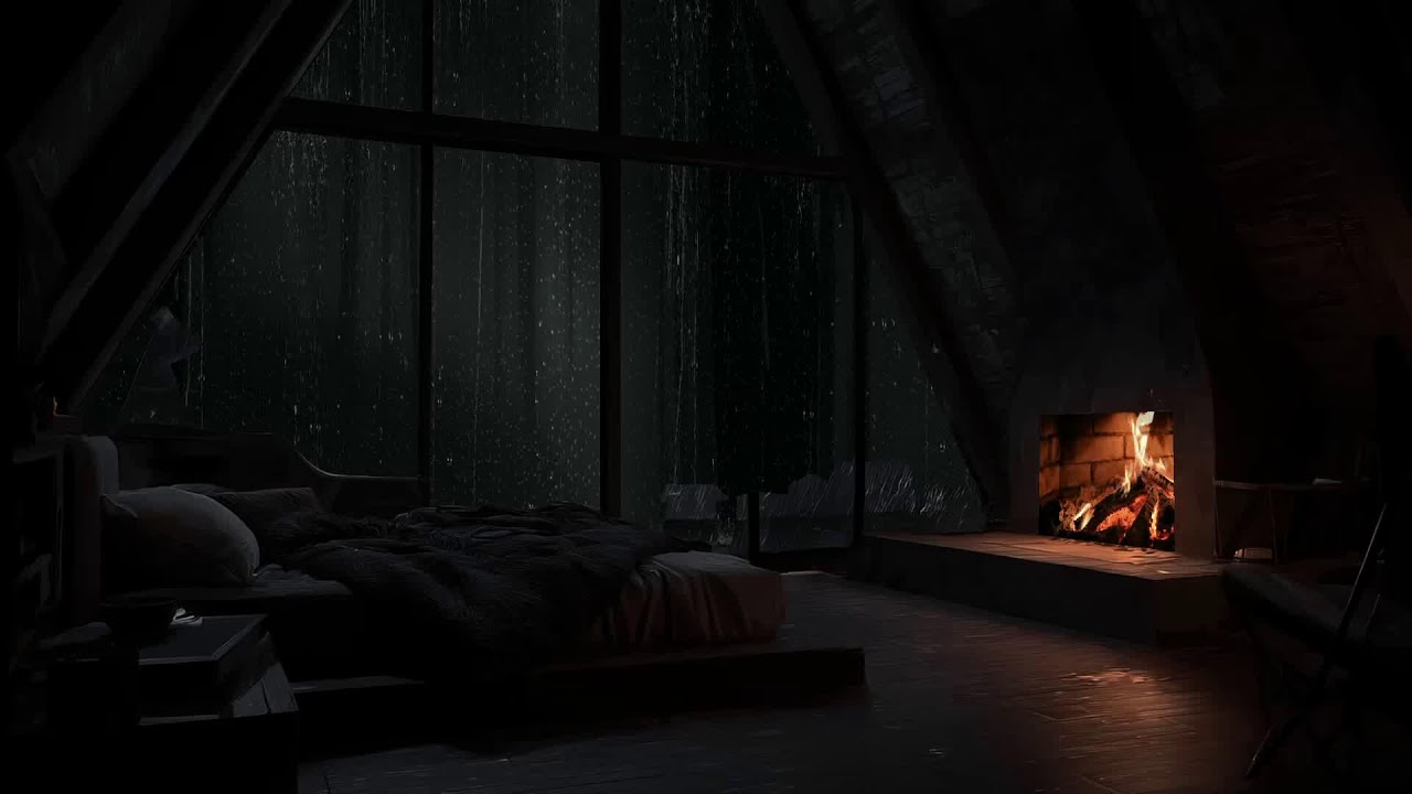 Inside a Quiet Forest Cabin While Soft Rain Covers the Woods Outside