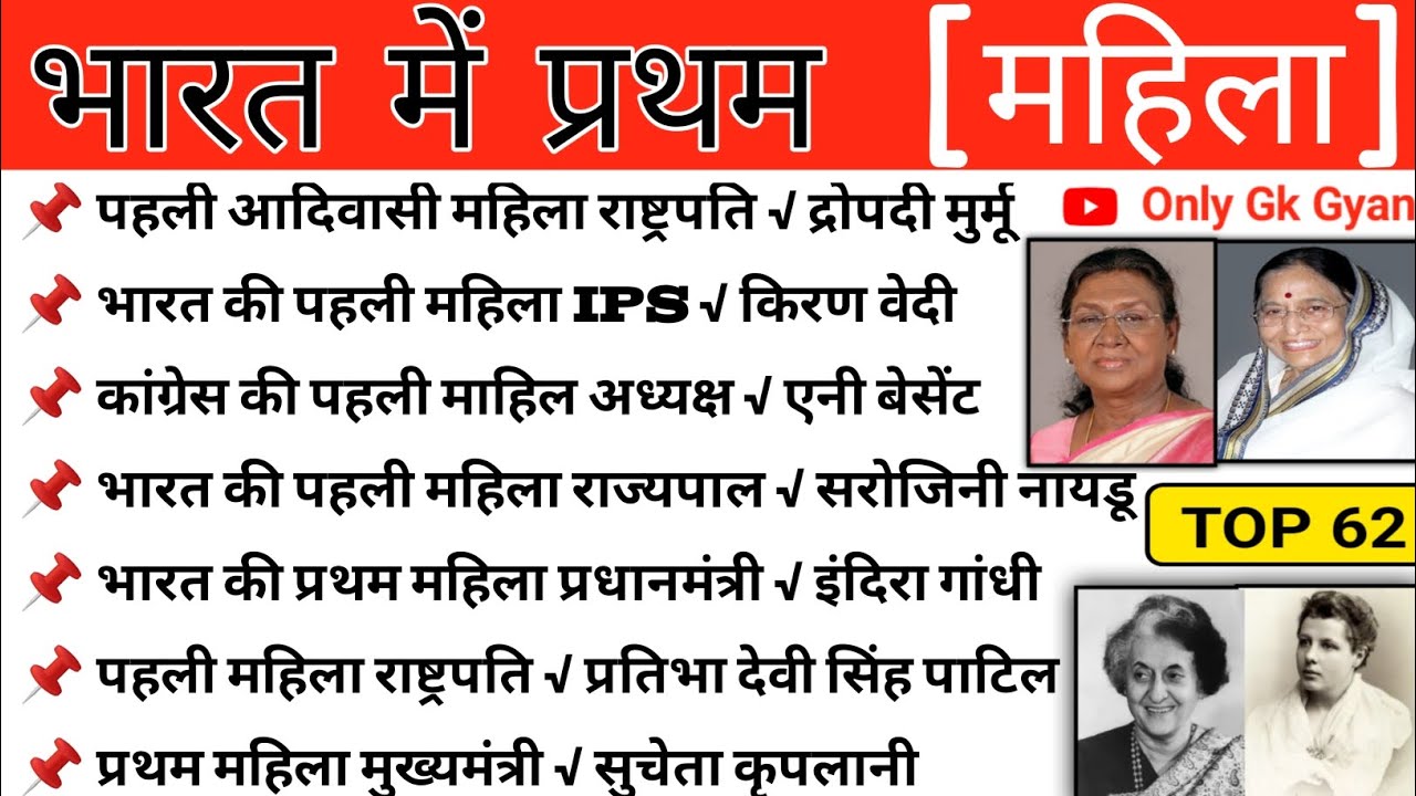 Top 62: भारत में प्रथम महिला | First Women in India GK | भारत की प्रथम महिलाएँ|for Competitive Exams