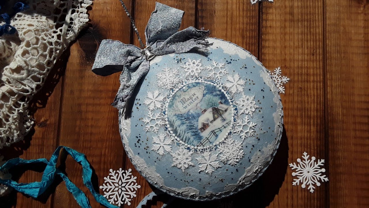 Magic Winter Tales ♡♡♡Decoupage & Mixmedia Bauble  Medalion zimowy dla sklepu Zielone Koty