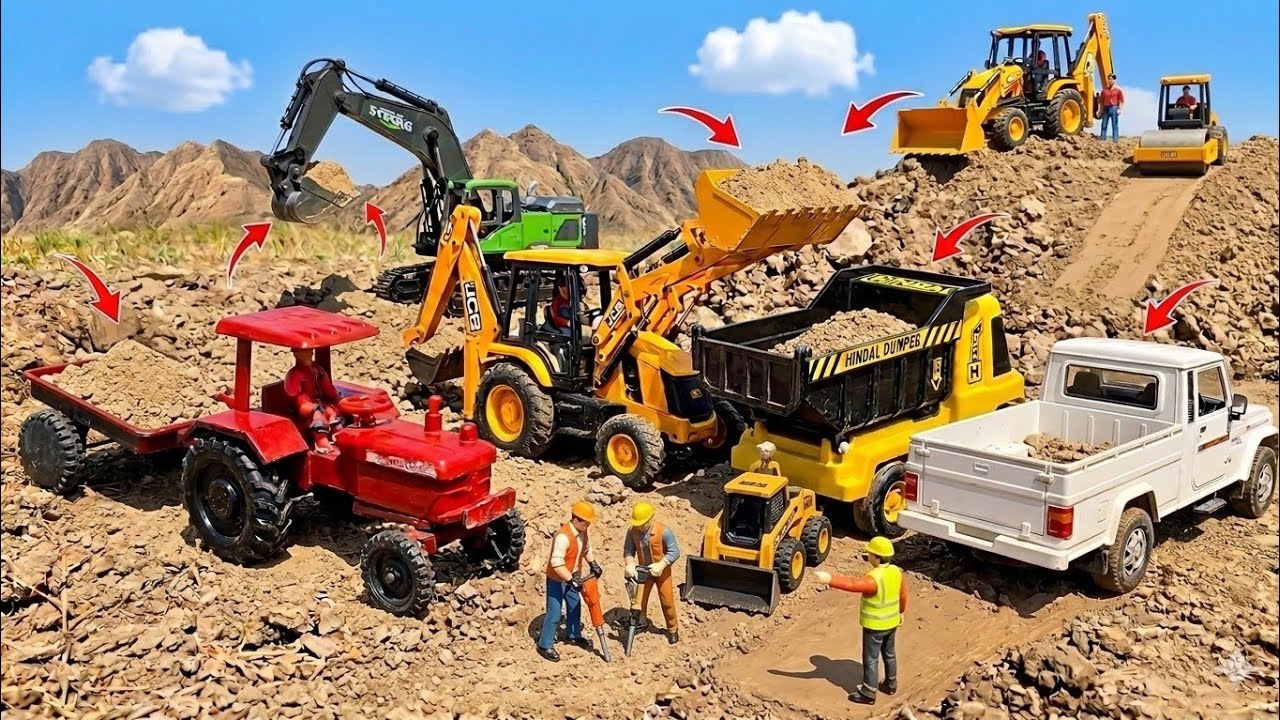 😨JCB 3DX 4WD Loading Mud in 4 Swaraj Tractors, Tata Truck & Bolero Pickup | JCB Cartoon | TOY VIDEO
