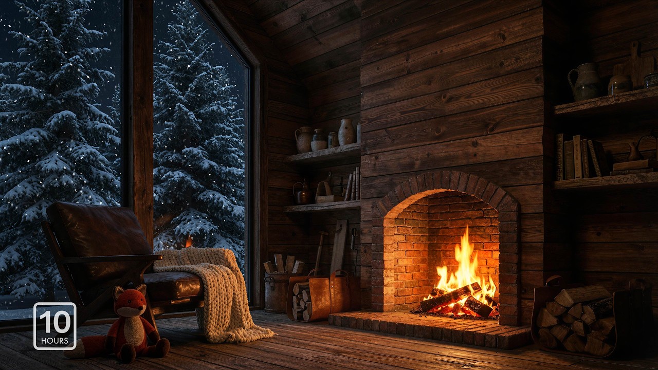 ❄️ Rustic Cedar Cabin Ambience 4K | Owl Sounds & Crackling Fireplace for Sleep