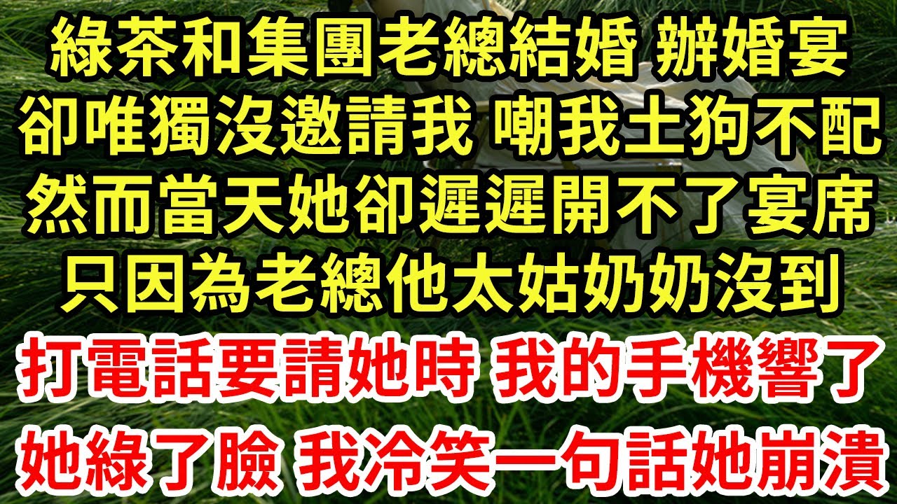 綠茶和集團老總結婚 辦婚宴，卻唯獨沒邀請我 嘲我土狗不配，然而當天她卻遲遲開不了宴席，只因為老總他太姑奶奶沒到，打電話要請她時 我的手機響了，她綠了臉 我冷笑一句話她崩潰#王姐故事說#為人處世#養老