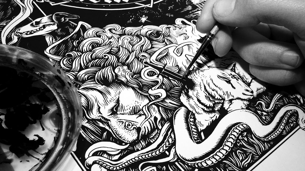 Inking process with brush, pens and scraper board | Artem Mortis | Part 2