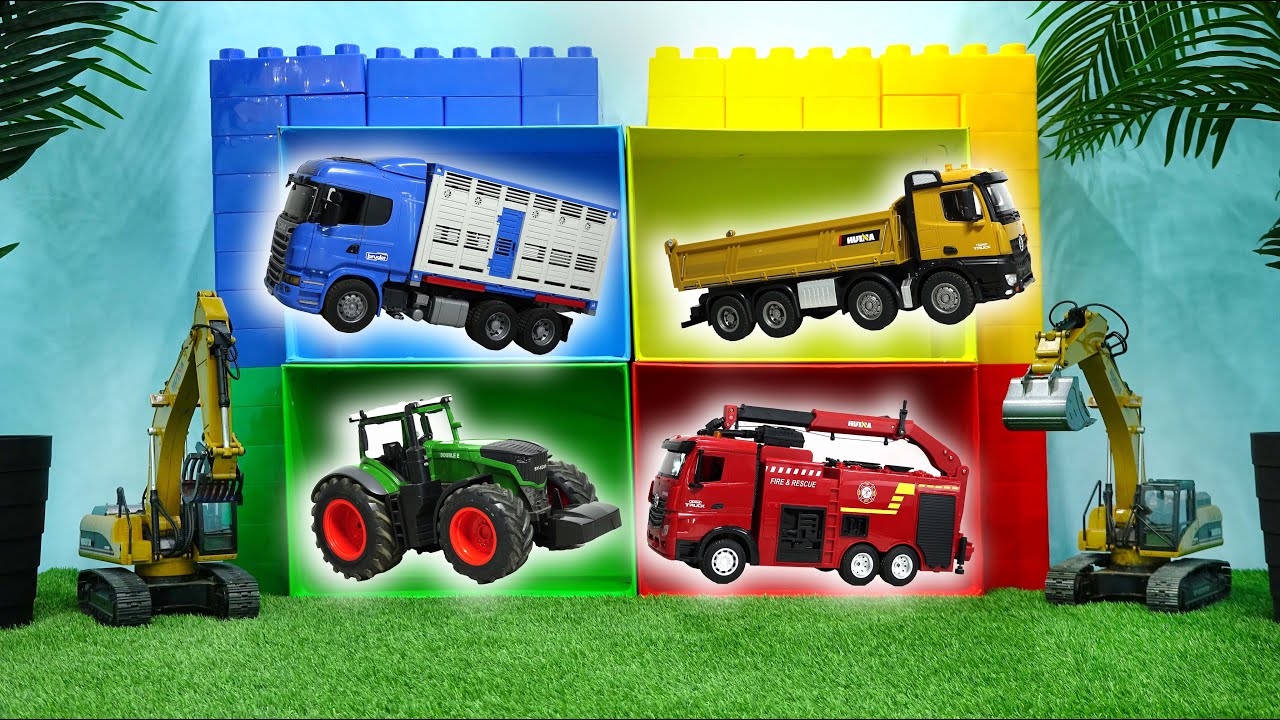 трактор, самосвал, пожарная машина игрушка цветная игра Truck Car Toy with Color Box