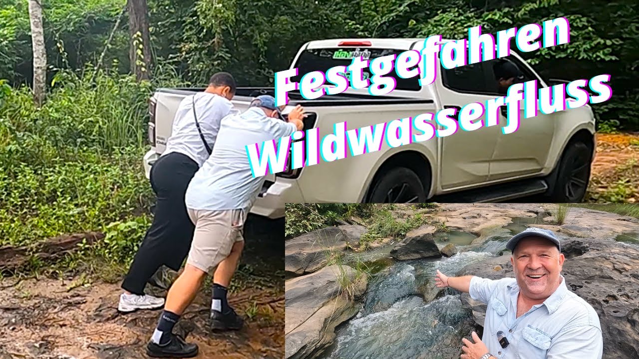 Regenzeit in Thailand. Der Wildwasserfluss liegt im Wald, und sofort bist du festgefahren.