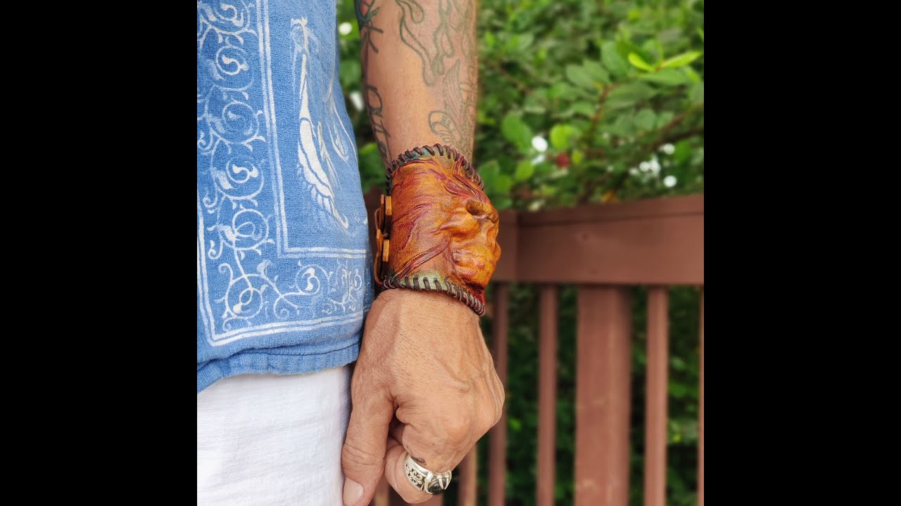 Handcrafted Genuine Vegetal Leather Tan and Black Color Skull Design Skull Leather Cuff-Wristband