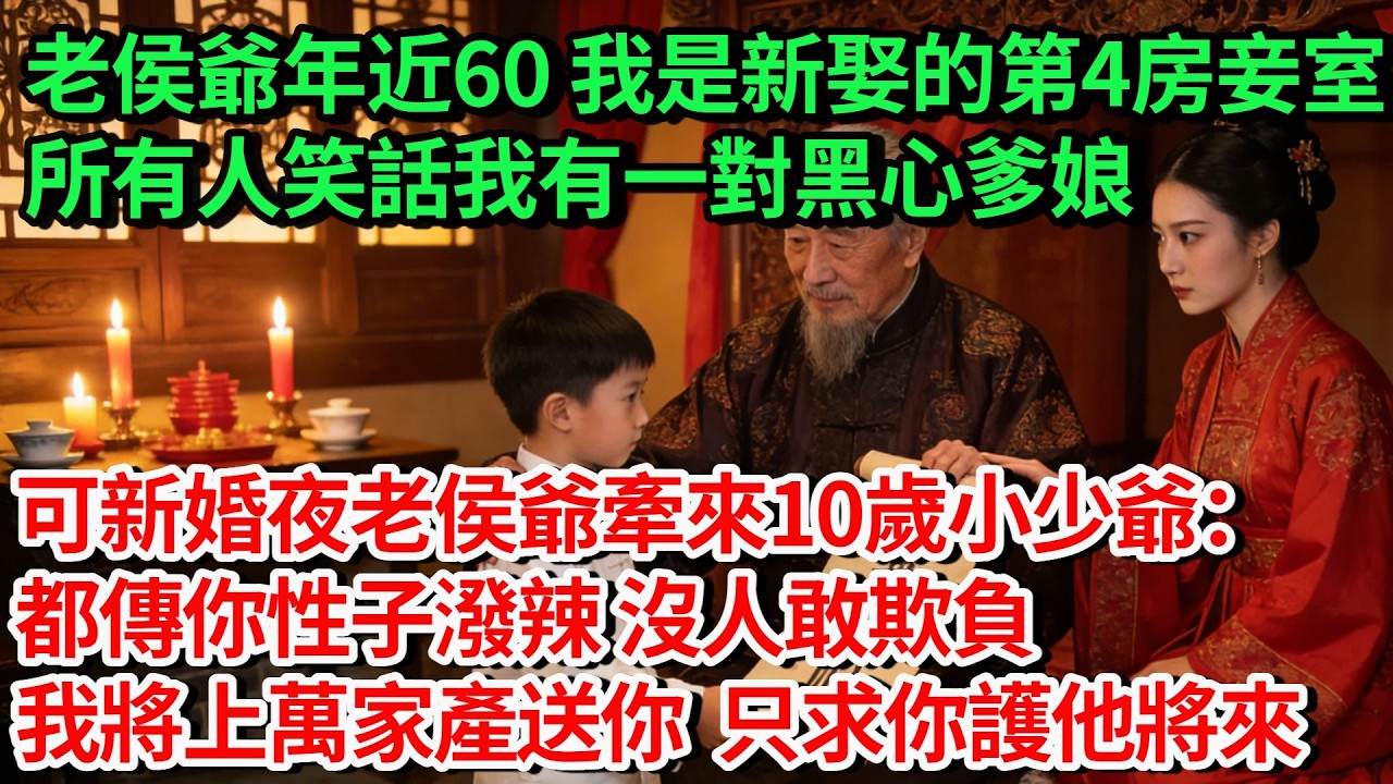老侯爺年近60，我是新娶的第4房妾室，所有人笑話我有一對黑心爹娘。可新婚夜老侯爺牽來10歲小少爺：他們都傳你性子潑辣，沒人敢欺負。今日我將上萬家產送你，只求你護他將來繼承王府！#古言#故事#完結文