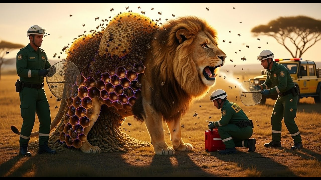 Lion Covered by Giant Honeycomb as Rescue Team Battles Million Bees