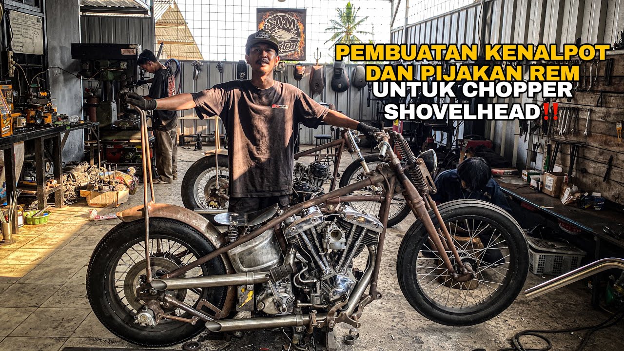 PART8‼️PEMBUATAN CHOPPER SHOVELHEAD/HARLY‼️ BUAT KENALPOT DAN PIJAKAN REM‼️#custom #shovelhead