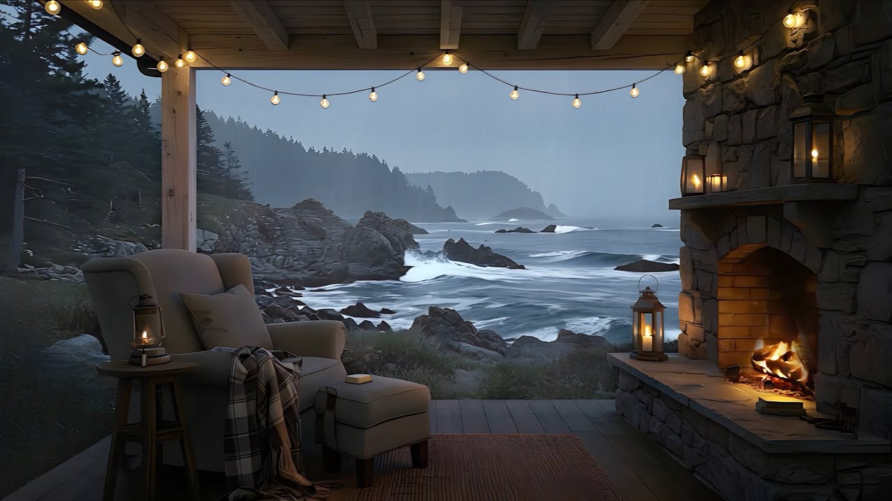 Stormy Porch | Ocean Rain, Distant Thunder, Waves, Cozy Fireplace, and Coastal Wind