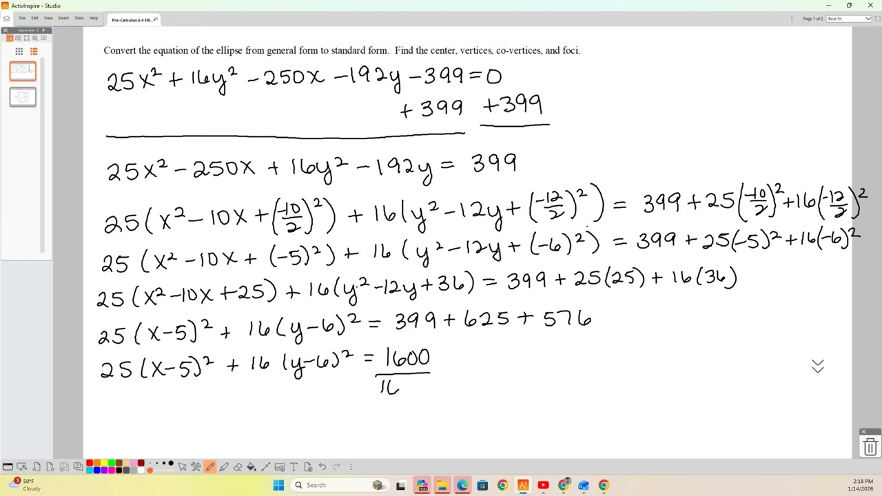 Pre-Calculus Writing the Equation of a Vertical Ellipse in Standard Form