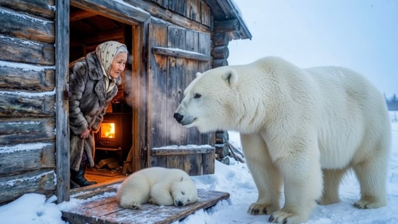 A wild mother bear left her sick cub at the door of this elderly woman in frozen Siberia at −71°C
