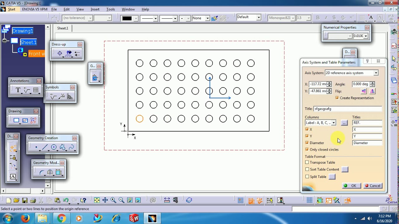 CATIA V5  Drafting  Hole Dimension Table to check XY coordinates