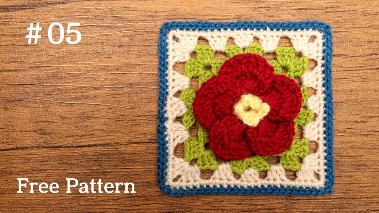 かぎ針編み クリスマスローズ モチーフ 立体 花 グラニースクエア 3D How to Crochet Christmas Rose 3D Flower Granny Square
