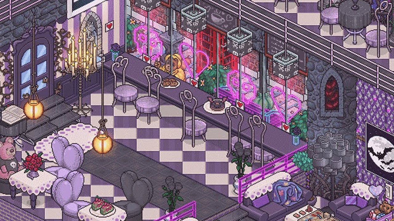 Cafe chic - Goth ☕🍩💀🦇 (Halloween 2021🎃) || HABBO Speed Build Interior🛠