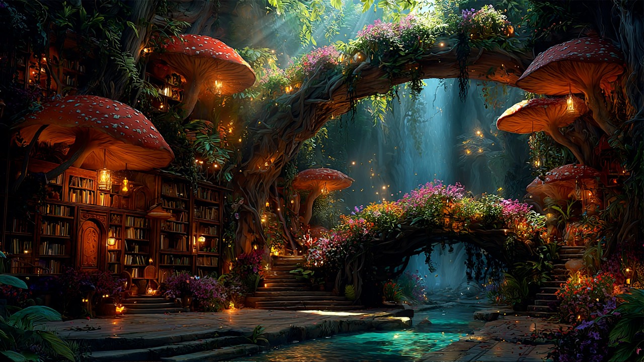 Cozy Mushroom Bookstore by the River 🍄 Magical Flute Music & Melodies Nautre | Quiet Reading Times