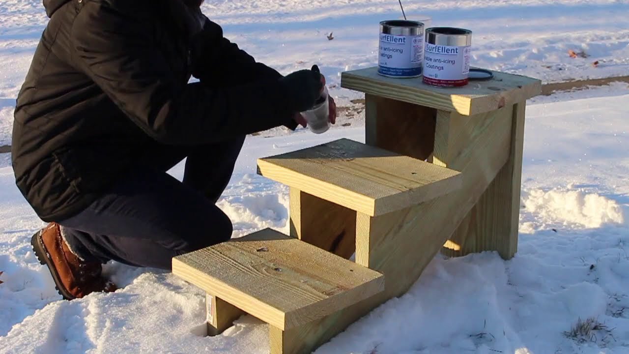 Demo of our anti-icing coating on wood stairs