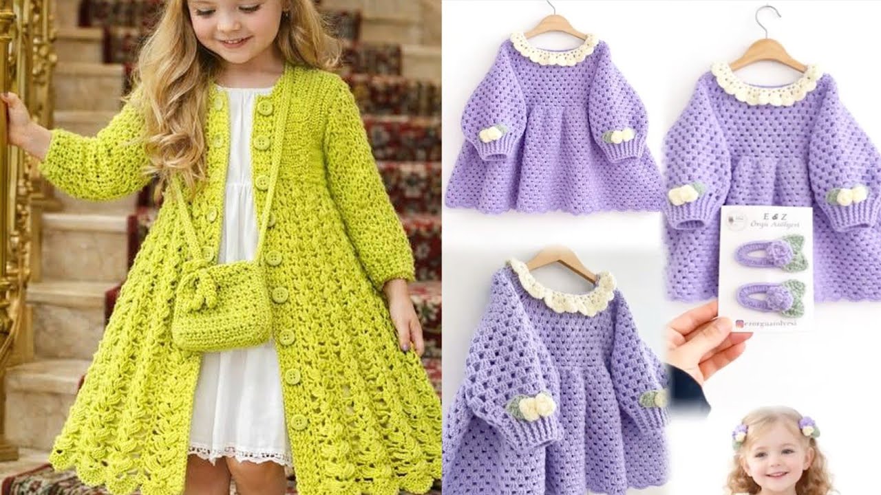 Latest stylish hand-knitted crochet kid's baby girls frocks//winter wear crochet dresses