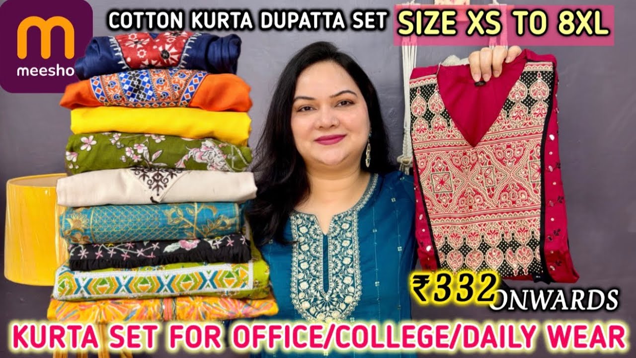 🎀meesho cotton kurta dupatta set🎀size xs to 8xl🎀starts ₹332🎀kurta set for daily✨office✨college🎀haul