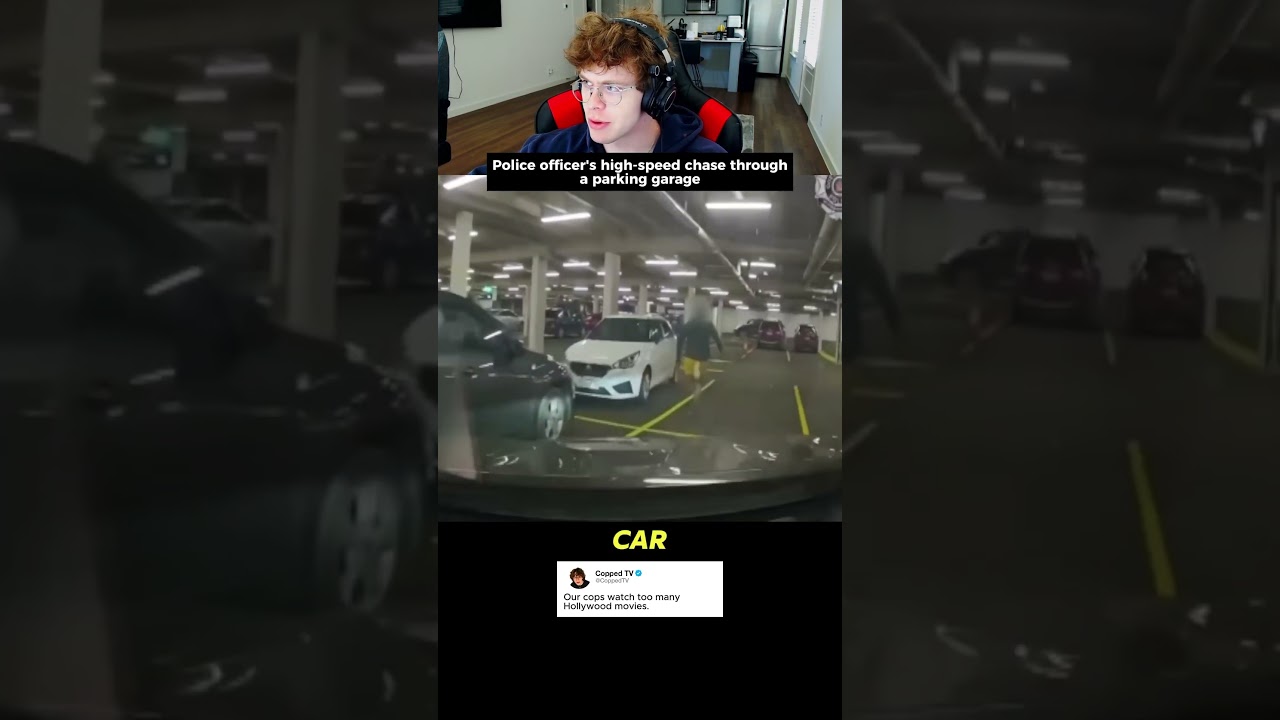 Police officer chases suspect through a parking garage