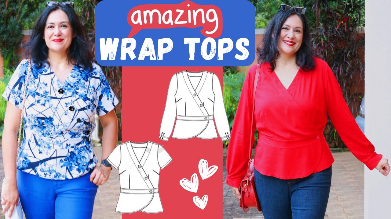 AMAZING wrap tops. Buttons & higher neckline GOLD. Mauritius (Itch to Stitch). PLEATED sleeve HEM.