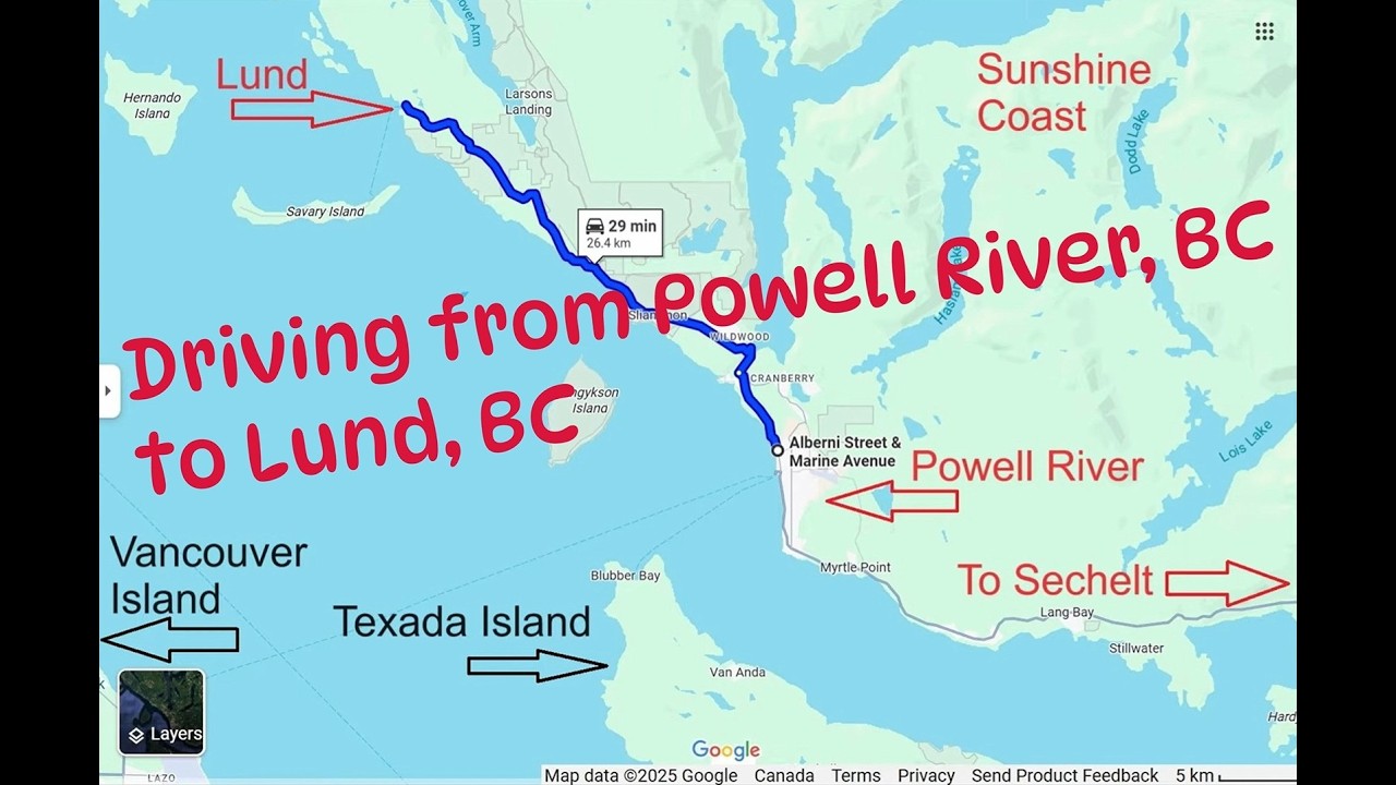 Driving from Powell River, BC to Lund, BC for 26 km on Hwy 101 (Sunshine Coast Hwy) - ihikebc.com