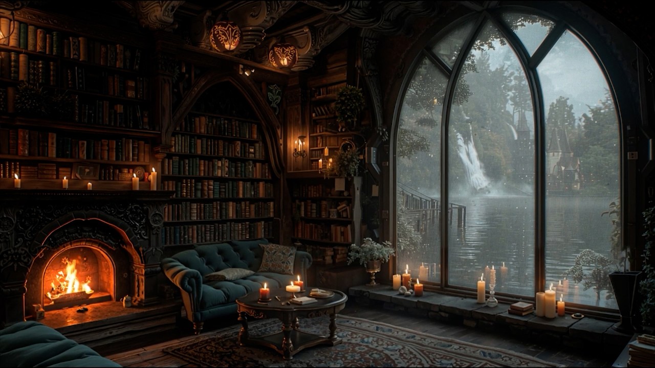 Rainy Lakeside Gothic Library at Night | Dark Academia Classical Piano | Writing & Late Night Study