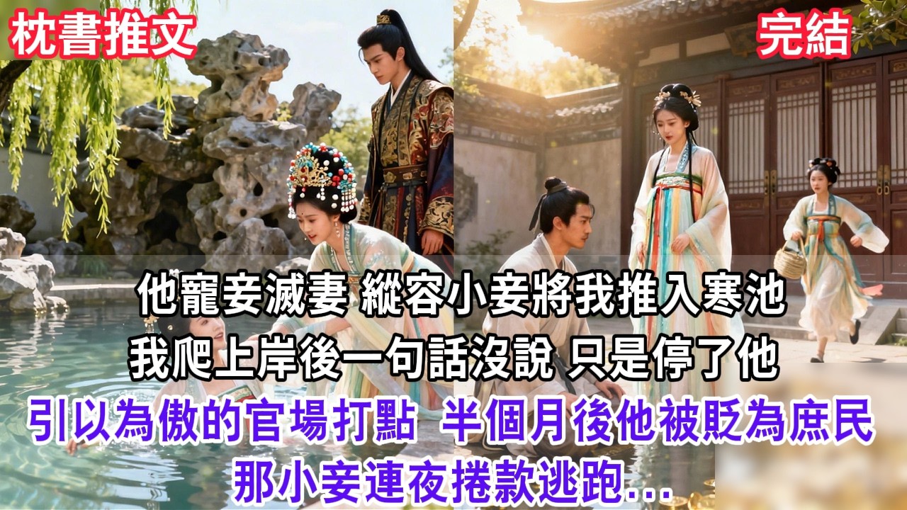 【完結爽文】他寵妾滅妻，縱容小妾將我推入寒池。我爬上岸後一句話沒說，只是停了他引以為傲的官場打點。半個月後他被貶為庶民，那小妾連夜捲款逃跑...#小説 #古風 #古言 #爽文 #故事 #有聲書 #綠茶