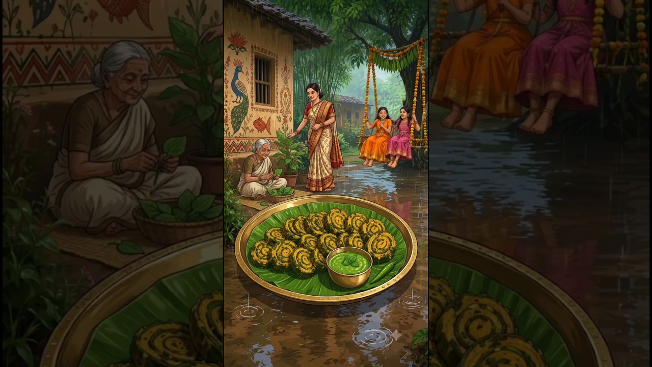 🌧️ Hariyali Teej Special Arbi Patta Pakodi 🌿 | Rainy Bihar Village |  Ghibli Style Cooking ASMR