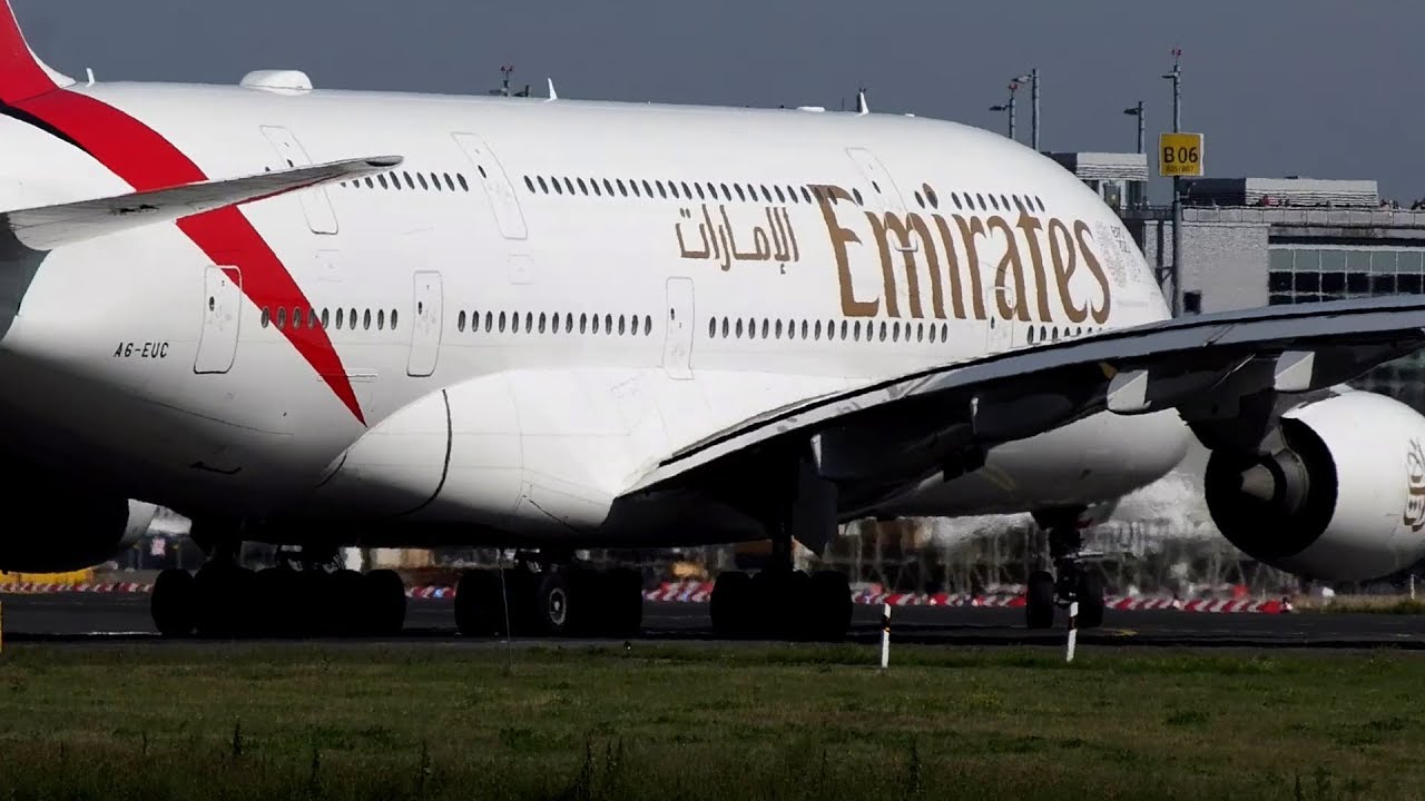 Airbus A380 - Landing, full Taxi and Park at D&uuml;sseldorf Airport