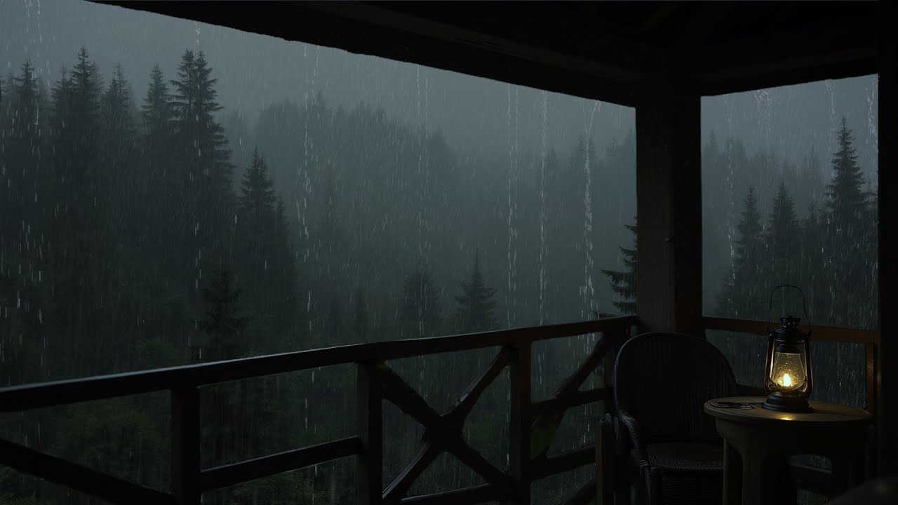 Rain on wooden balcony to calm the mind - heavy rain sounds for sleep & stress reduction