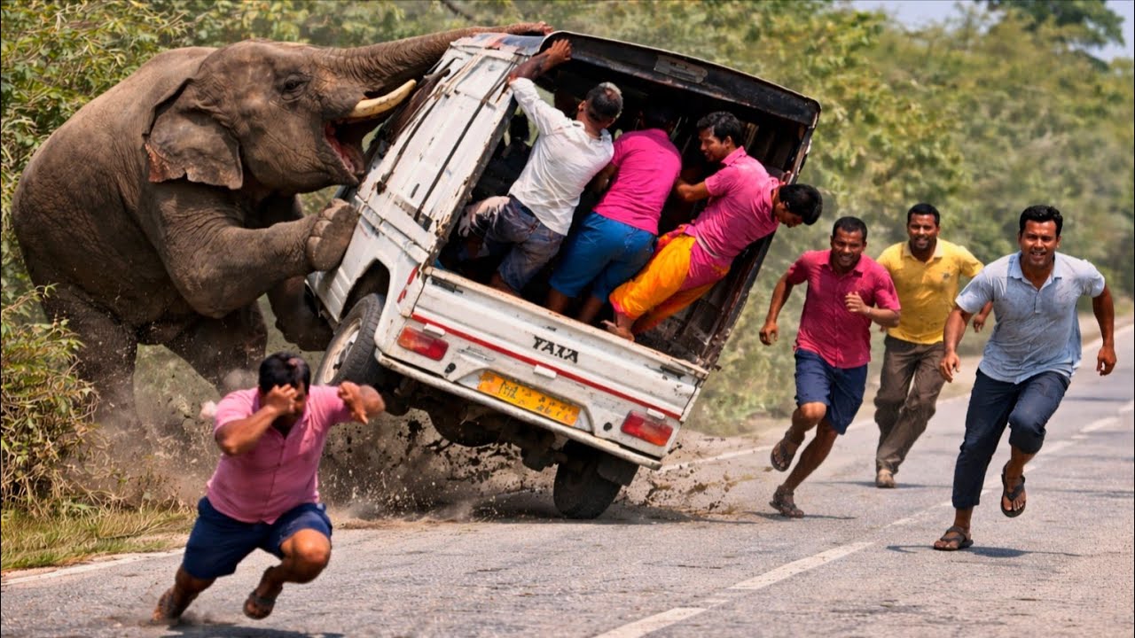 HORRIFYING Elephant Attack on Truck! People Nearly FALLING Off | Wild Elephant Chaos😱🐘