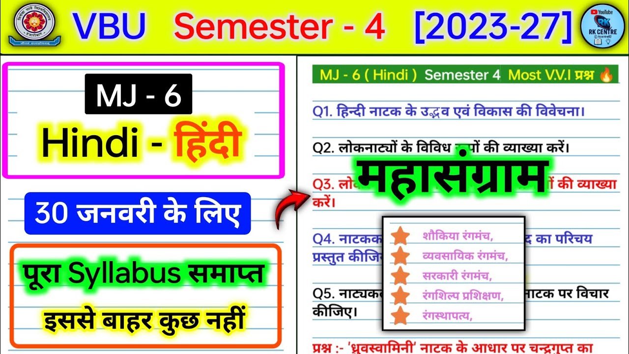 MJ 6 hindi semester 4 important questions। Hindi natak ke udbhav avn vikas। mj 6 hindi sem 4 rk Cent