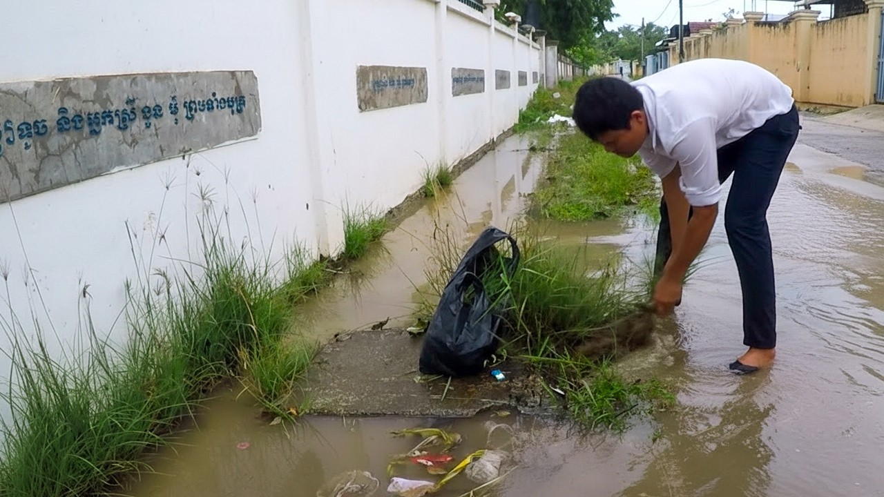 Checking And Clean Culvert Clogged Drain On Street