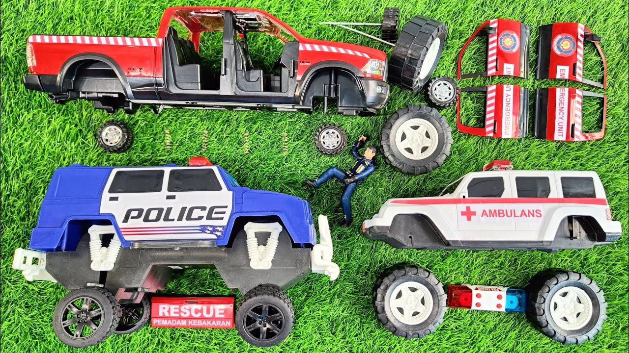 Mencari & Merakit Mainan Mobil Polisi, Pickup Pemadam, Jeep Ambulans