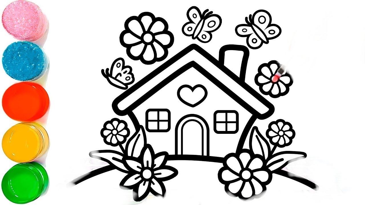 How to Draw a Spring House for Kids | Easy Cute House Drawing with Flowers & Butterflies