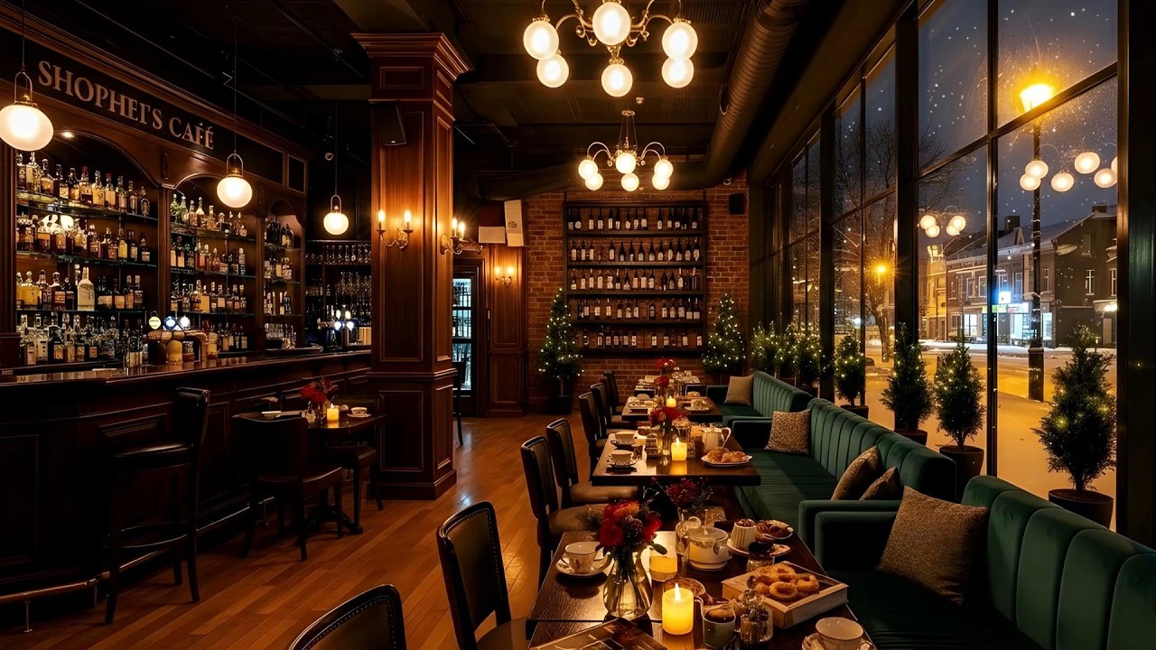 Warm Coffee Shop Ambience with Smooth Piano Jazz Music ☕ Gentle Snowfall & Warm Fireplace for Work