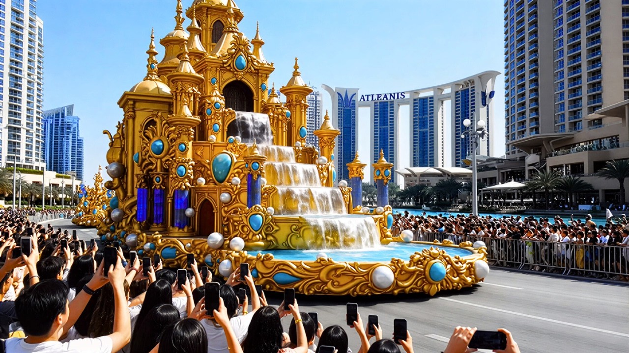 Dubai Palm Jumeirah Carnival 2026  Atlantis Backdrop, Street Dancers & The Pointe Fountain Show 4K