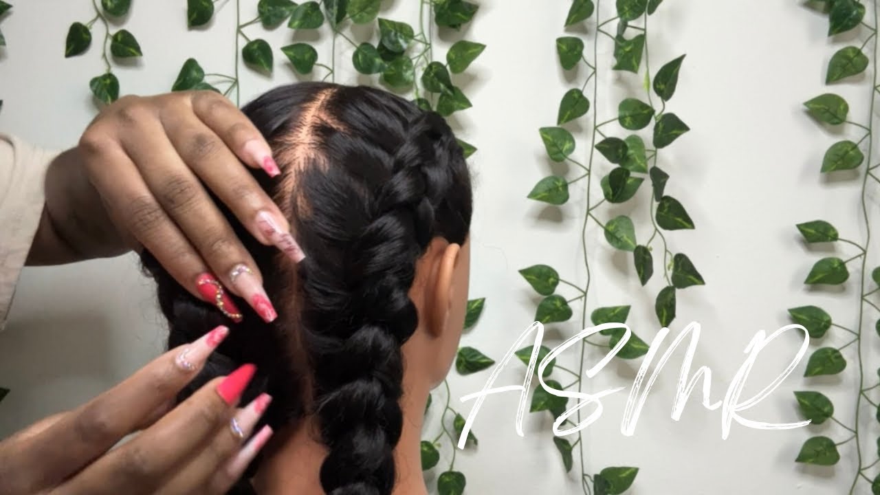 ASMR Hair Braiding | Two Braids w/ Long Nails | Brushing, Combing, Detangling (No Talking)