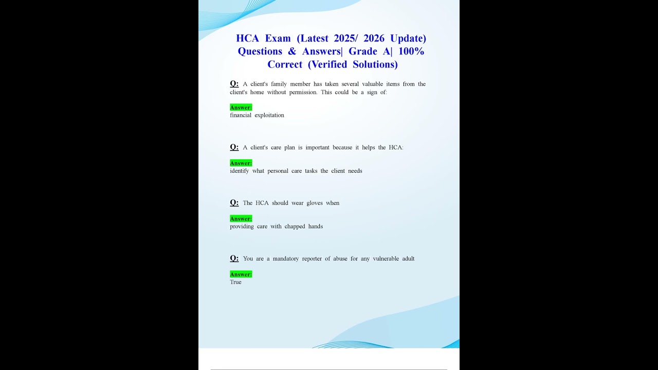 HCA EXAM LATEST 2025 2026 UPDATE QUESTIONS EN ANSWERS GRADE A 100 CORRECT VERIFIED SOLUTIONS