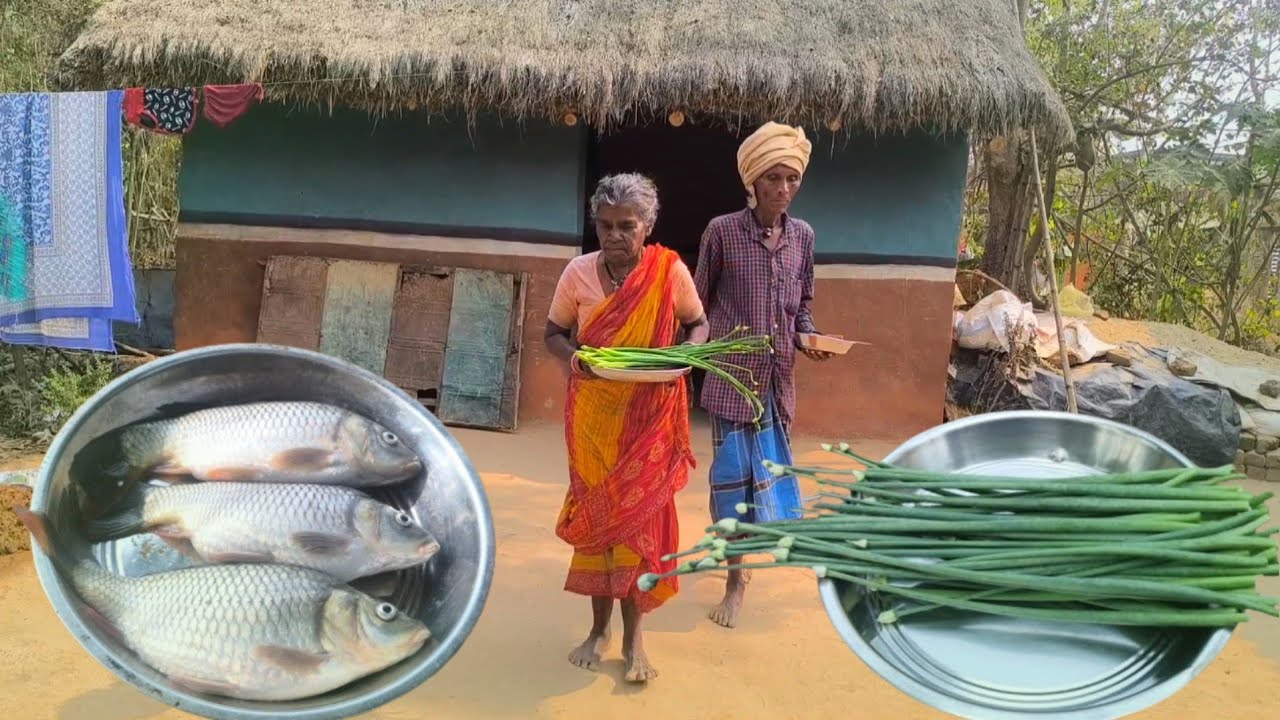 rural grandma cooking KATLA FISH CURRY and eating | ONIONS LEAVES and BRINJAL CURRY || Village Life 